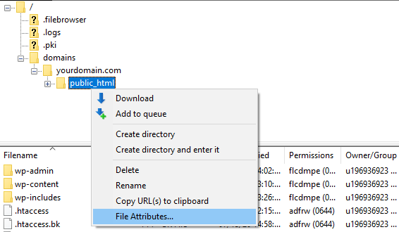 Nhấp chuột phải vào public_html -> File Attributes