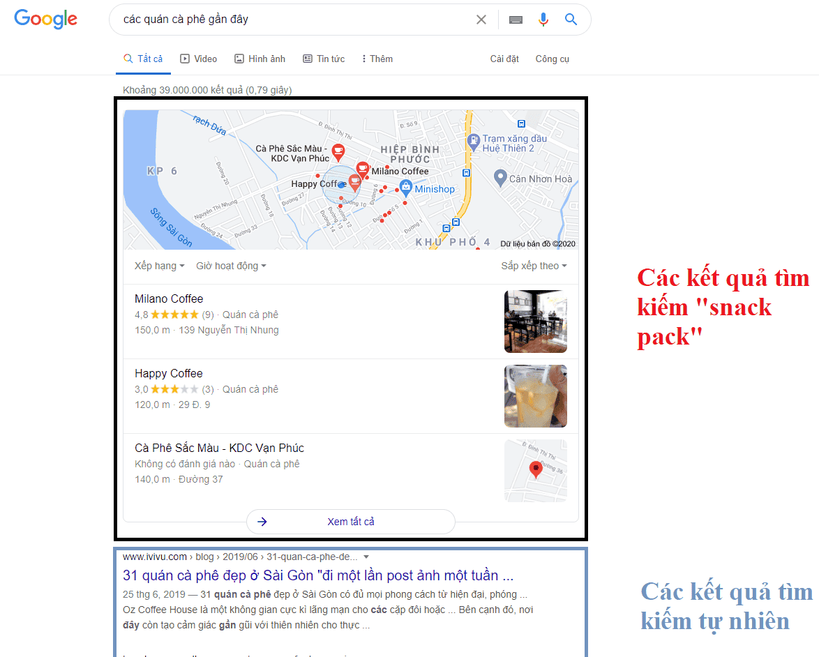 Kết quả tìm kiếm "snack pack" vs kết quả tự nhiên