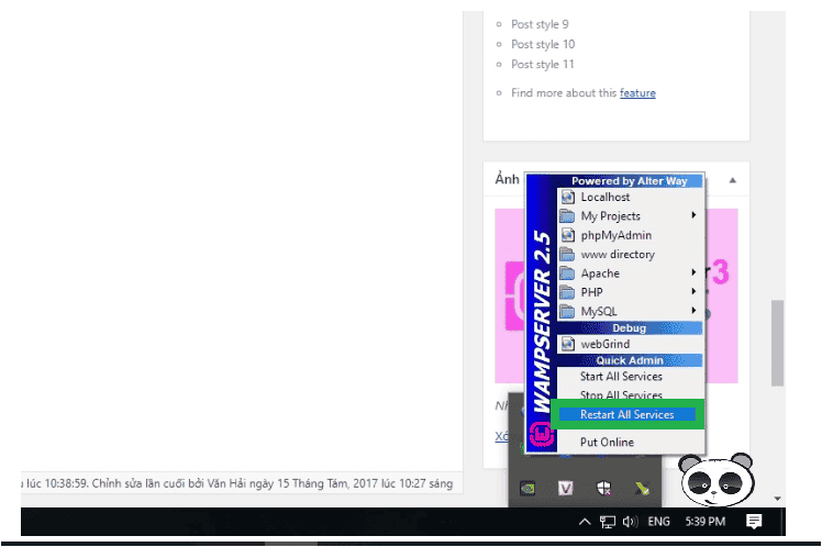 Khởi động lại toàn bộ services của ứng dụng Wampserver.