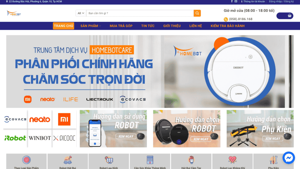 Giao diện website sản phẩm gia dụng thông minh giống Homebot Store