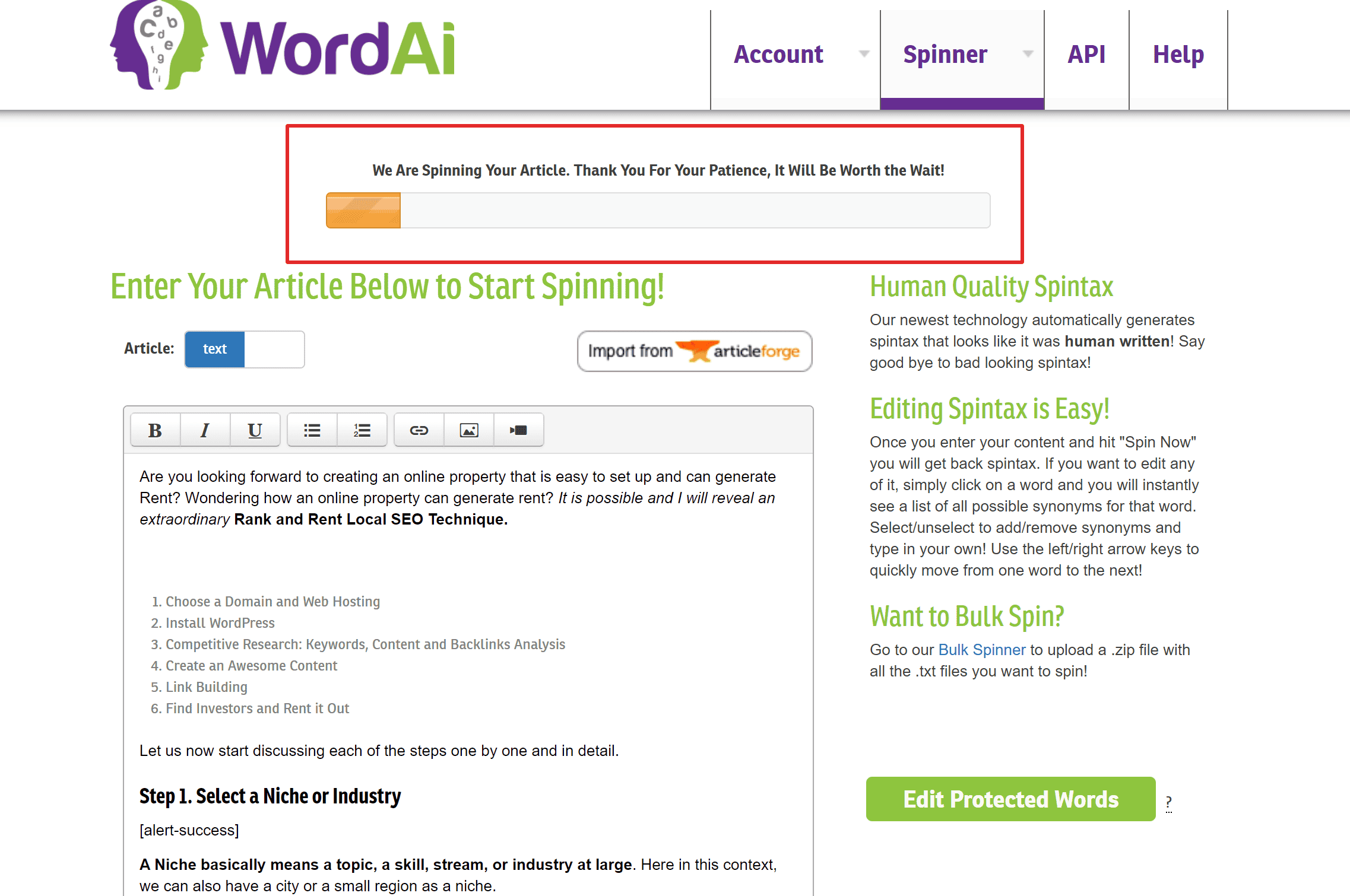 Công cụ Spin bài viết WordAI