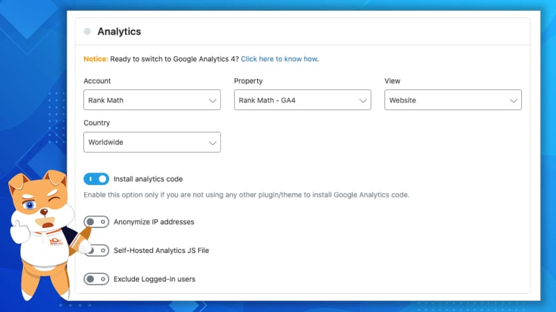 Thiết lập trong phần Analytics