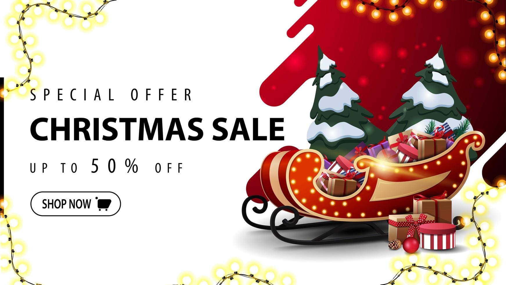 special offer christmas sale up to 50 off red and white discount web banner with liquid abstract shape on background garland frame and santa sleigh with pile of presents vector ATPWeb - Khởi Tạo Ngôi Nhà Online