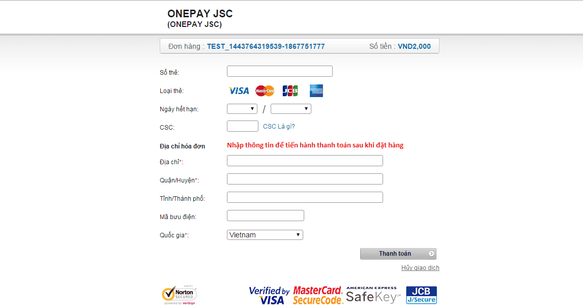 Thông tin cần điền khi thanh toán qua Onepay