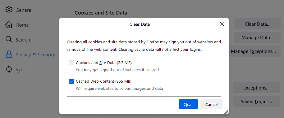 Xóa cache trên FireFox