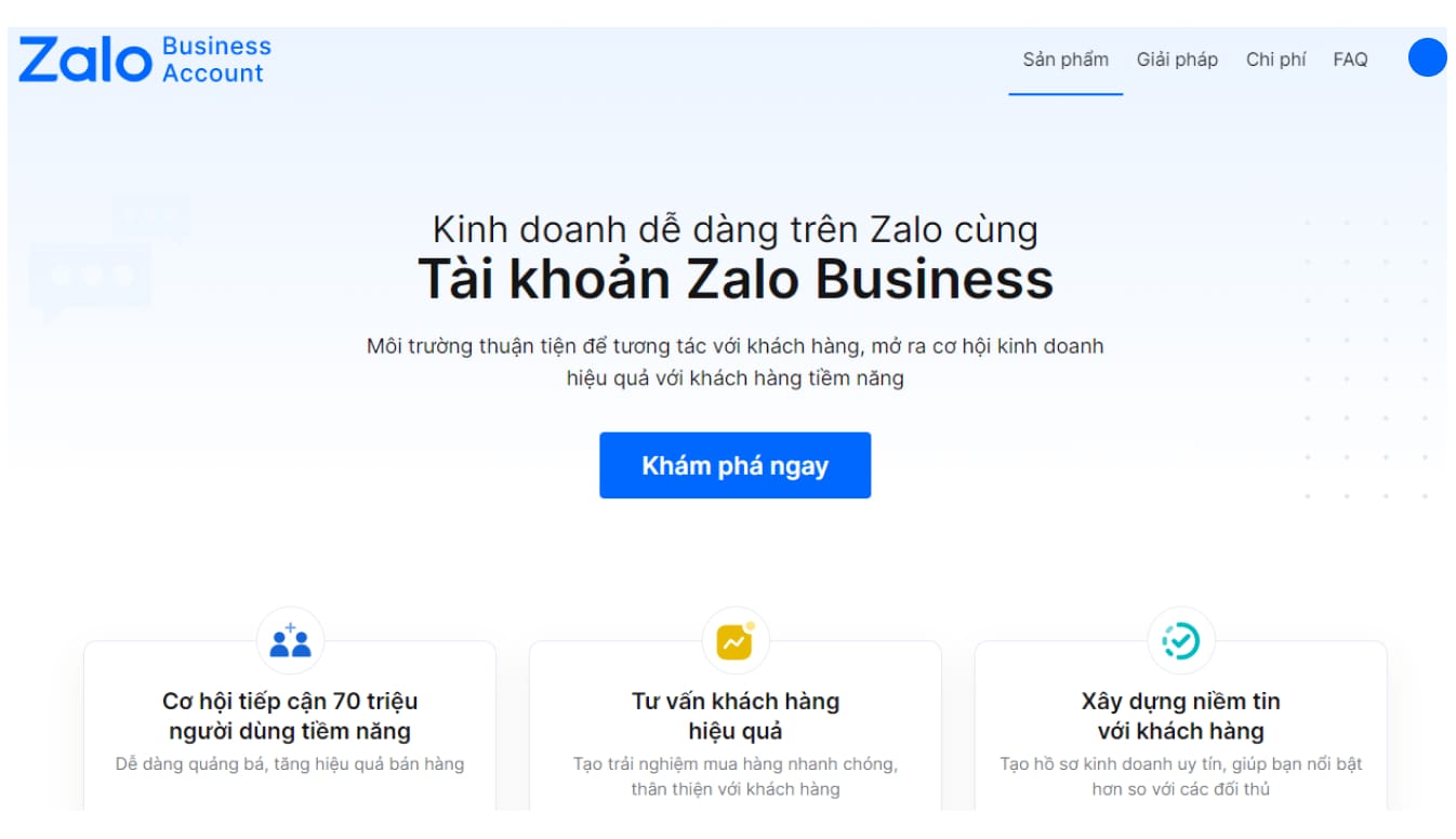 Trang business account của zalo
