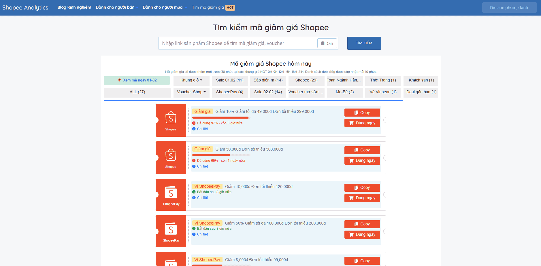 Tìm kiếm mã giảm giá Shopee Analytics