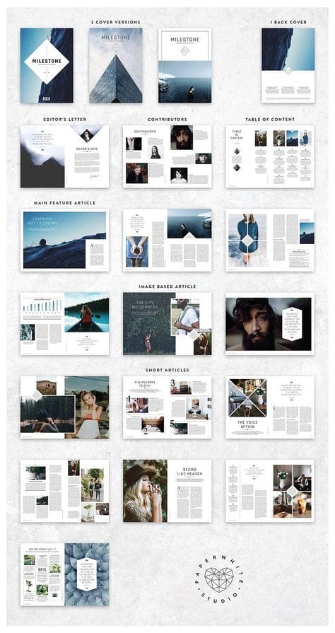 MILESTONE Magazine by Paperwhite Studio on @creativemarket Ready for Print Magazine and Brochure template creative design and great covers, perfect for modern and stylish corporate appearance for business companies. Modern, simple, clean, minimal and feminine layout inspiration to grab some ideas.